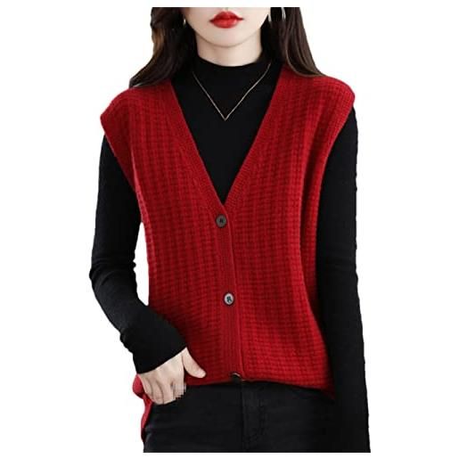 Vsadsau gilet cappotto donna 100% lana merino senza maniche cardigan maglione maglia pullover top, rosso, l