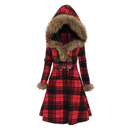 oneforus giacca con cappuccio in pelliccia di media lunghezza da donna 2020 cappotto retrò con cappuccio in pelliccia con stampa scozzese autunno inverno