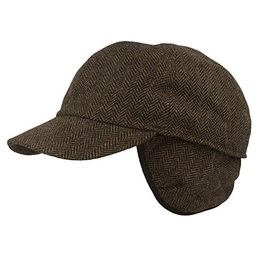 Hut Breiter cappellino da baseball invernale da uomo, cappello da baseball con protezione per le orecchie pieghevole, in lana con design a spina di pesce e fodera trapuntata, blu a quadri verde, 56
