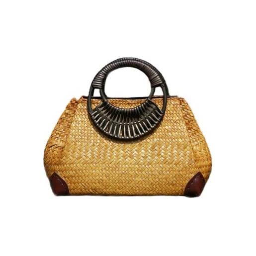 QQYG ladies straw bags women bamboo summer beach woven tote bags ladies handmade vintage wooden handle bags travel knit tote bags, grass yellow, 32*12*21cm