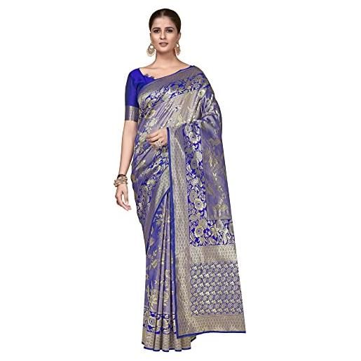 Generic sari indiano di bollywood matrimonio banarasi art seta floreale tessuto a mano zari lavoro sari con camicetta non stiched pezzo rosa, blu reale, etichettalia unica