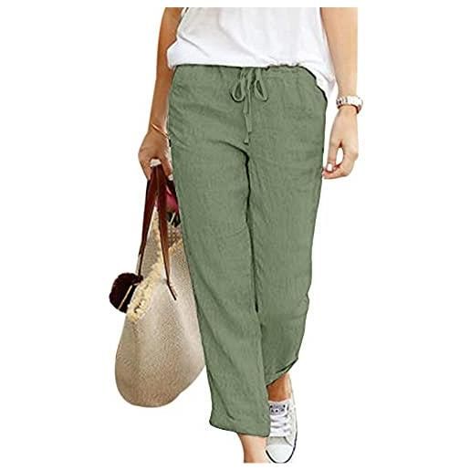 Shujin - pantaloni da donna in cotone e lino, estivi, lunghezza 7/8, stile harem, a tinta unita, leggeri, da spiaggia, per il tempo libero, comodi, b verde. , l