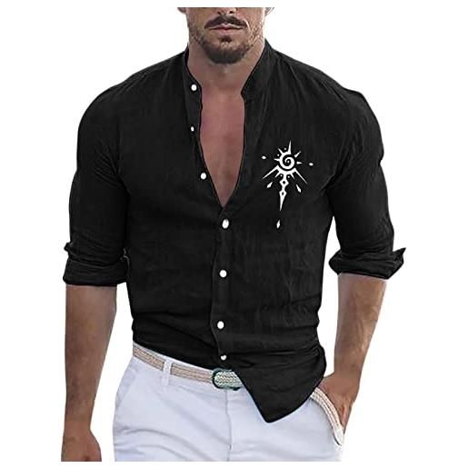 JMEDIC camicia da uomo a maniche lunghe con colletto alla coreana in cotone e lino, stampa casual, taglie forti camicia estive