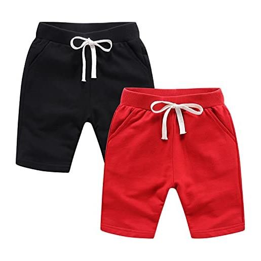 Petalum - set di 2 pantaloncini per bambino estivi, pantaloni corti in cotone, da 0 a 5 anni nero rosso 3-4 anni
