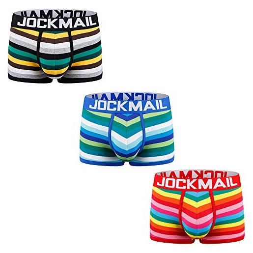 JOCKMAIL - boxer da uomo in cotone a righe arcobaleno, confezione da 3 pezzi blu + nero + rosso. L