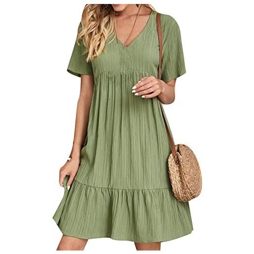 YMING vestito allentato a manica corta da donna vestito bohémien a line vestito midi casual plissettato verde m