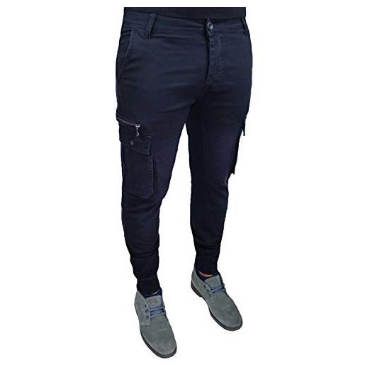 TONY BACKER pantaloni uomo cargo blu scuro slim fit casual jeans con tasconi laterali (50)