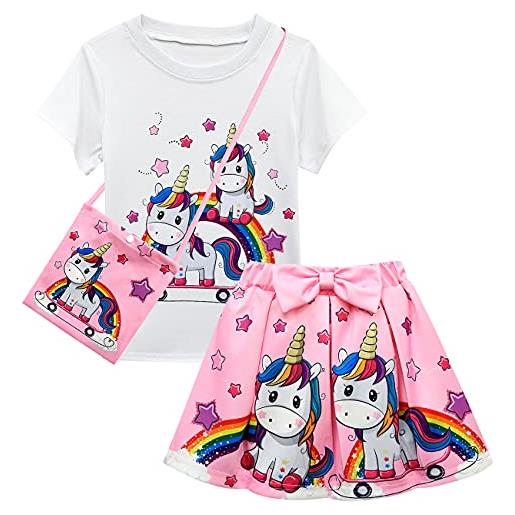 CKCKTZ vestiti estivi bambina bambini stampa floreale t-shirt manica corta top mini gonne + borsa 3 pz abiti set 2-8 anni, rosa, 2-3 anni