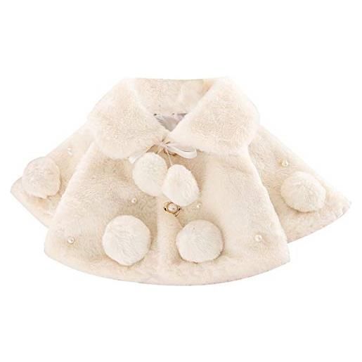 ranrann scialle principesse pelliccia sintetica da neonata bolero con pompon capo festa matrimonio giacca del mantello inverno per bimba felpa manica lunga bianco- 2-3 anni