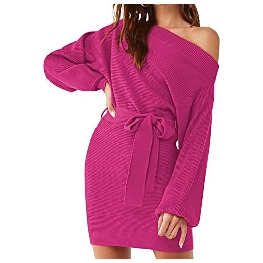Viottiset donna one spalla maglione mini abiti a costine tie vita manica lunga abito maglioni elegante tunica rosa rosso s