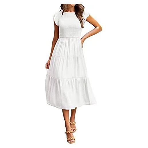 XinCDD abito longuette da donna estivo casual maniche a volant girocollo elastico in vita abiti a pieghe (l, bianco)