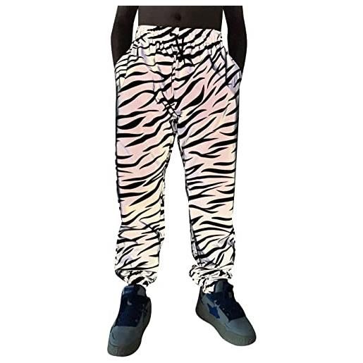 NewL mens pantaloni riflettenti olografici casual sport luce notte zebra joggers rave festival vestiti alta visibilità, zebra pattern, xl