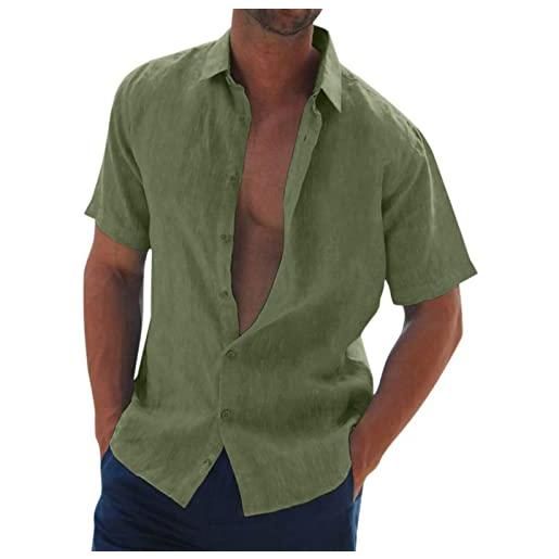 JMEDIC uomo camicia lino manica corta estiva casual risvolto cotone hawaiian tinta unita vacanze beach (xxl, army green)