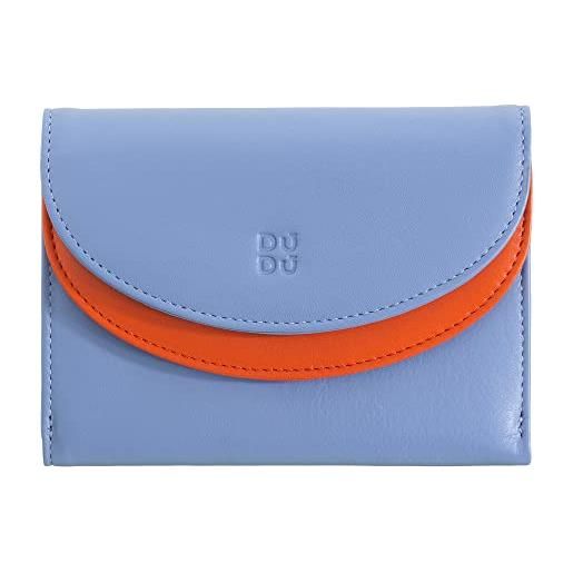Dudu portafoglio donna vera pelle rfid con portamonete, portafogli colorato a doppia patta porta carte di credito porta banconote blu pastello