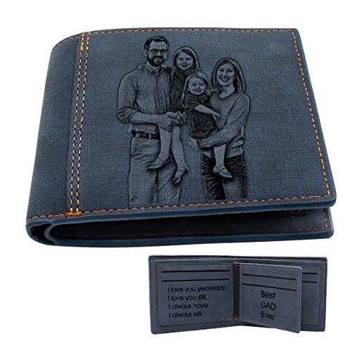 PFC4U portafoglio da uomo pelle con incisione tripla e foto personalizzata, regalo di natale per marito/papà/figlio compatto, blu