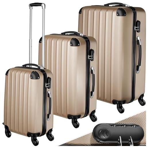 TecTake® set valigie trolley rigide, 3 pezzi, grande, medio, bagaglio a mano, ruote girevoli a 360°, struttura abs robusta, maniglie telescopiche in alluminio - champagne