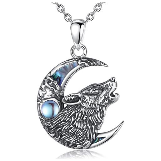 AEONSLOVE collana lupo vichingo argento 925 donna uomo ciondolo lupo e luna con pietra di luna gioielli odino vichingo regalo amuleto mitologia norrena