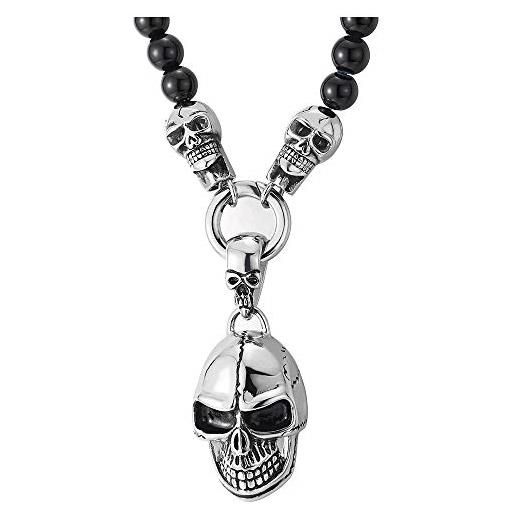 COOLSTEELANDBEYOND uomo donna onice nero perle catena collana pendente con acciaio inossidabile annata cranio teschio
