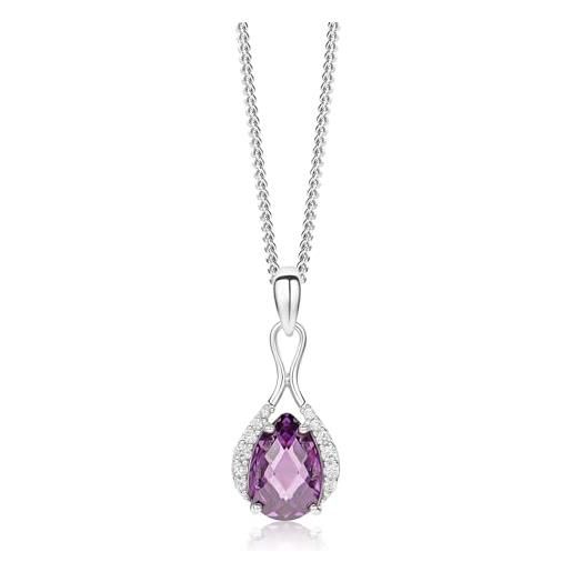 Miore collana donna argento, catena con ciondolo di ametista e zirconi in argento sterling 925. Gemma naturale taglio goccia. Catenina grumetta cm 45. Pendente donna anallergico. 