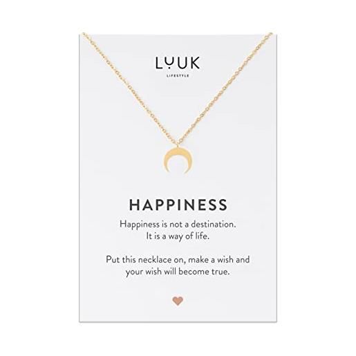 LUUK LIFESTYLE collana elegante da donna con pendente luna e carta regalo happiness, accessorio di moda moderno e minimalista, portafortuna, oro