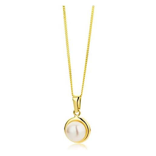 Miore-ciondolo perla con catenina rolò - vero oro giallo 9kt/375. Perla naturale coltivata in d'acqua dolce incassata in oro lucido con catena rolò. Catenina e ciondolo anallergici. Catena cm 45. 
