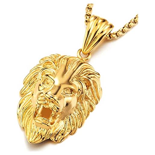 COOLSTEELANDBEYOND esclusivo oro testa di leone ciondolo, collana con pendente da uomo donna, acciaio, con 70cm catena di grano