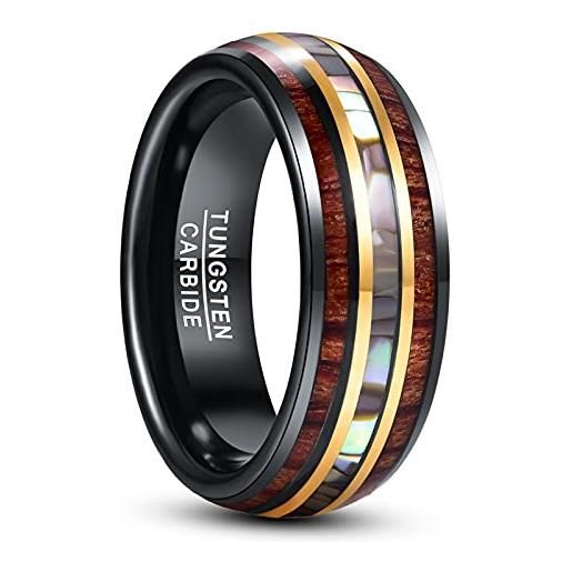 NUNCAD anello in tungsteno uomo donna oro 8mm, anello nero con legno e conchiglia di abalone anello per fede nuziale fidanzamento taglie(17)
