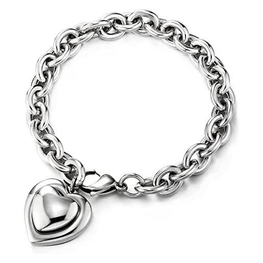 COOLSTEELANDBEYOND ovale rolo collegamento chain charm bracciale soffio cuore, donna, braccialetto di fascino, acciaio, link lucido