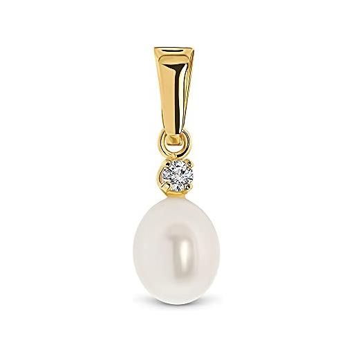 Miore - ciondolo con perla naturale d'acqua dolce e zircone brillante su oro giallo, vero oro 14kt 585. Pendente a cui potrete aggiungere la vostra catenina d'oro o argento dorata. Charms anallergico. 