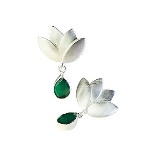 Vurmashop orecchini a forma di fiore di loto in argento sterling con pietra semi-preziosa naturale, onice verde, per donna