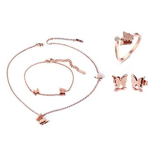 Cupimatch [4 pezzi di combinazioni collana bracciale orecchini anello farfalla acciaio inossidabile donna oro rosa regalo perfetto (4 set)