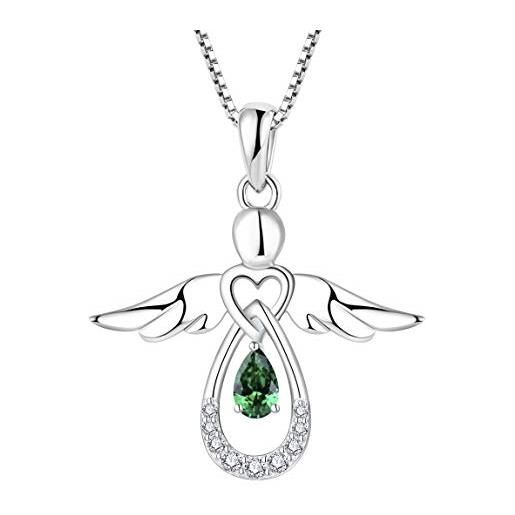 FJ collana angelo custode donna argento 925 collana con ciondolo maggio pietra portafortuna smeraldo gioielli regalo per donna