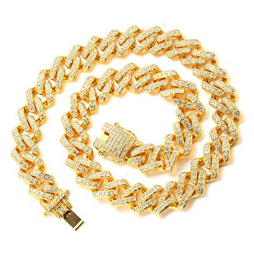 HALUKAKAH gold chain for men iced out, men's 18k real gold plated/platinum white gold finish 16mm miami cuban link lightning chain choker necklace bracelet, full cz diamond cut (gold plated necklace, 55)