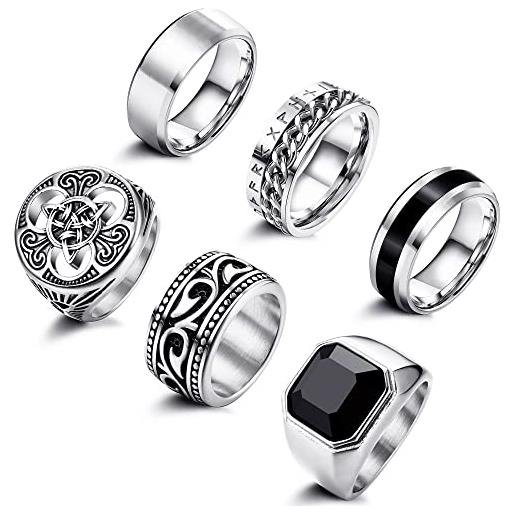 ADRAMATA 6 pezzi anelli uomo acciaio inossidabile anelli con nodo celtico anelli da motociclista a fascia anello uomo gotici set anelli da vichingo vintage sigillo oro argento anello per uomo