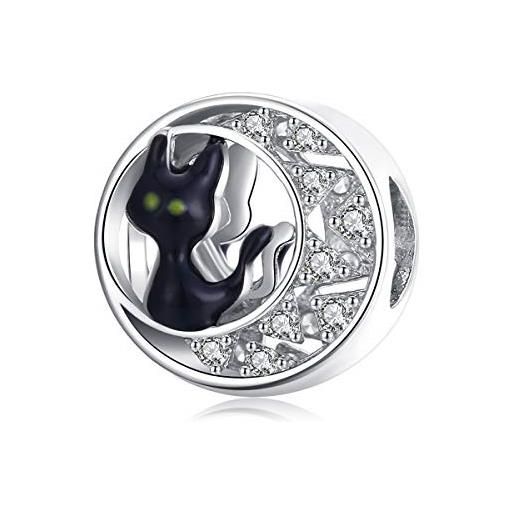 Qings charm gatto nero argento per donne, bead charm di luna per ragazze delle donne, charms d'argento gatto e luna per il regalo di halloween