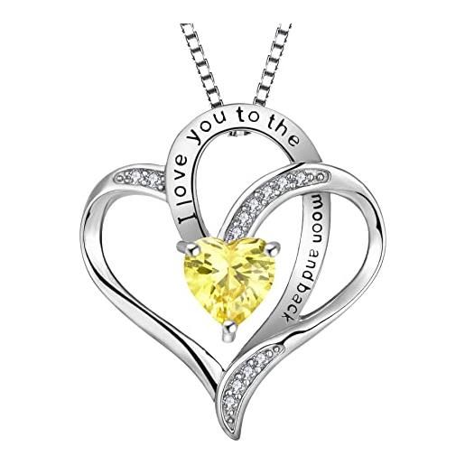 YL collana cuore argento 925 tagliare novembre pietra portafortuna giallo zirconia cubica ciondolo per donna, catena 45+3 cm