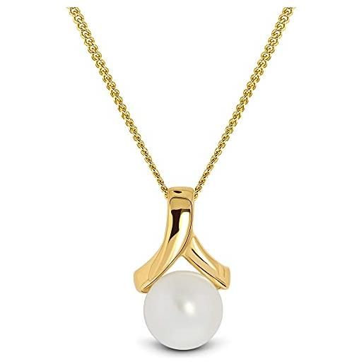 MIORE - catenina con perla pendente in oro giallo 9 kt (375) - delicata collana da donna in vero oro con perla bianca d'acqua dolce - ciondolo e catena anallergici. Catenina cm. 45. 