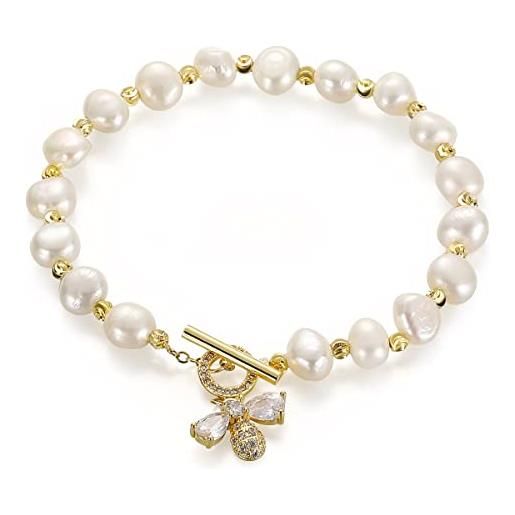 Emibele bracciale con perle d'acqua dolce, a forma di ape, 14k oro placcato cubic zirconia barocco, braccialetto regolabile coltivato naturale perla, regalo per mamma, donna, ragazza