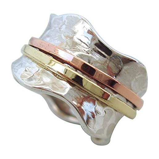 Energy Stone brezza di vento - anello girevole di meditazione in argento sterling - base ad effetto battuto - inserti girevoli in ottone e rame (modello uk06)