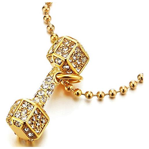 COOLSTEELANDBEYOND colore oro bilanciere manubrio ciondolo con zirconi, collana pendente da uomo donna, acciaio, palla catena 60cm