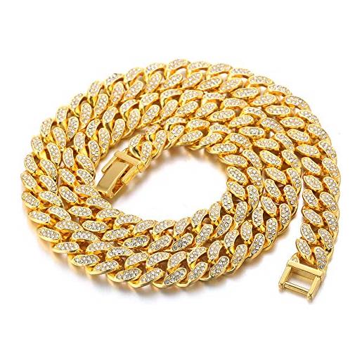 HALUKAKAH cuban link chain for men iced out, 15mm men's gold chain miami 18k real gold plated choker necklace 55cm, full cz diamond cut prong set, gift for him