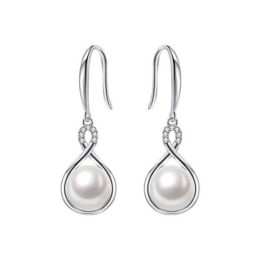 Immobird orecchini argento 925, orecchini pendenti con perla d'acqua dolce coltivata, orecchini perle, orecchini diametro 9 mm, idee regalo, gioielli donna