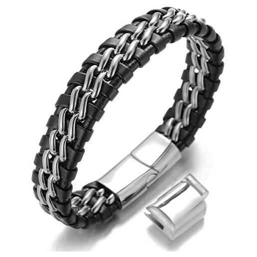 Halukakah boy's kids bracelet leather ● solo silver ● 6-12 y/o. Titanium chain magnetic clasp 7-8/18-19.5cm with free giftbox