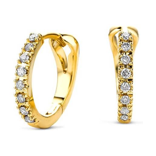Miore - orecchini cerchio con diamanti naturali incassati in oro giallo 14kt 585, orecchini classici a lobo con brillanti. Cerchi anallergici. Chiusura con perno passante a scatto. 