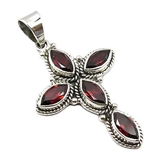 Unique Gems unique collane ciondolo per la donna naturele granato rosso 12.5 carati croce argento 925 qualità come gioielliere