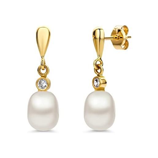 Miore orecchini donna pendenti perle di fiume zirconi taglio brillante oro giallo 14 kt / 585