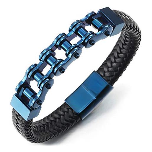 COOLSTEELANDBEYOND uomo acciaio blu bracciale catena di bicicletta moto motociclo, braccialetto di nero pelle cuoio intrecciata