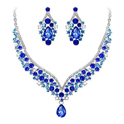 EVER FAITH capolavori austriaci cristallo deco v-shape partito gioielli set - blu-silver-tone n01911-5