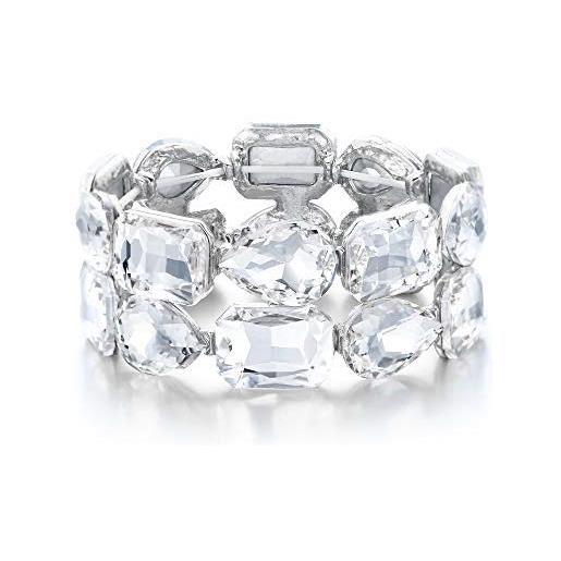 EVER FAITH braccialetto donna, rhinestone cristallo sposa 2 strati largo elasticità bracciale per donne ragazze trasparente argento-fondo
