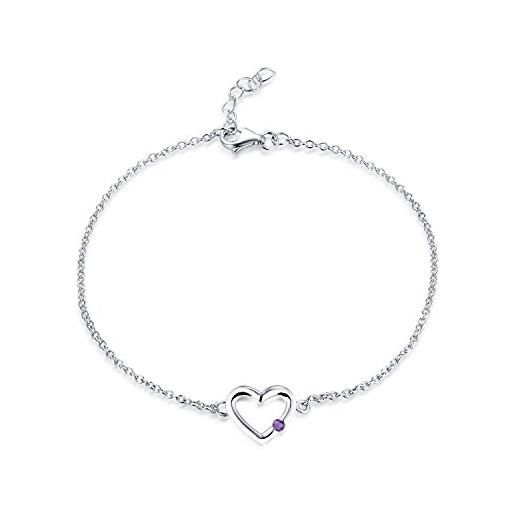 JO WISDOM braccialetto cuore argento 925 donna con aaa zirconia cubica febbraio birthstone colore viola ametista bracciali braccialetti, 18cm+2cm
